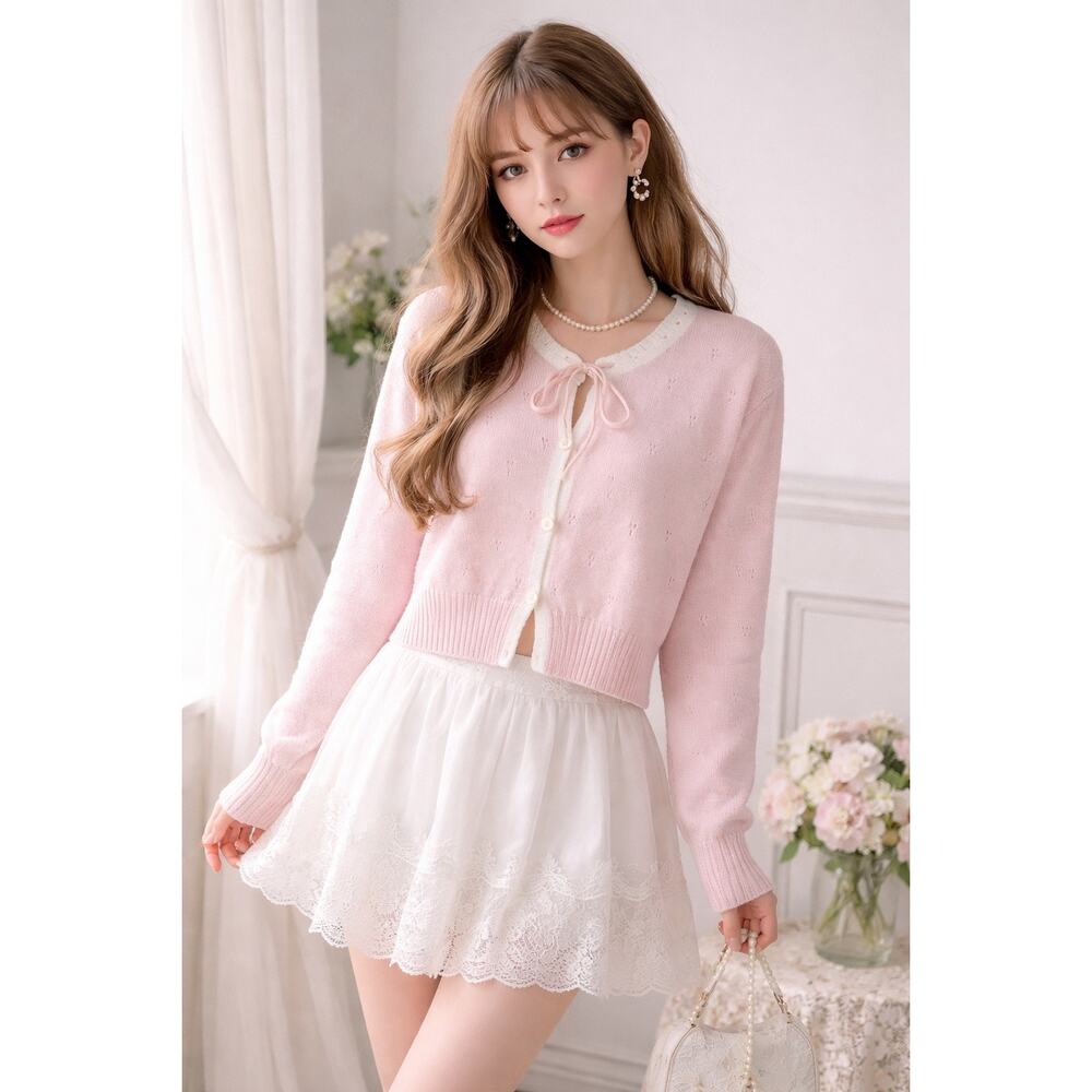 Soft Girl Coquette Pink & White Tie-Front Cardigan | Size Small | NWOT